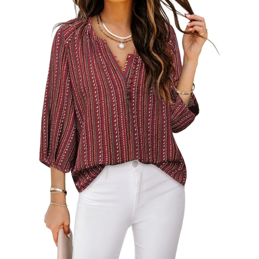 NEW Triratna Casual V Neck 3/4 Sleeve Boho Chiffon Button Neckline Detail Blouse